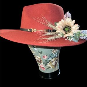 Elegant Burnt Red/ Orange Women's Hat with Floral Accent